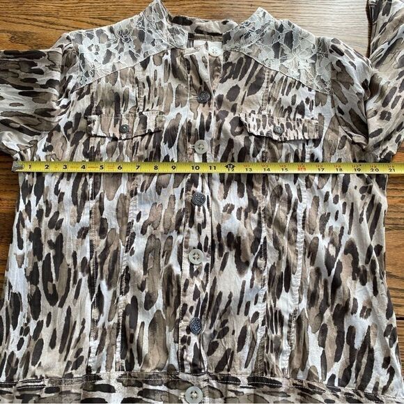 Chico’s Animal Print Lace Cotton Stretch Jacket 3/4 Sleeve Artsy Women’s‎ 2 Sz L - Picture 3 of 6